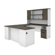 Bestar Norma U-Shaped Desk with Hutch, Walnut Grey & White 181852-000035